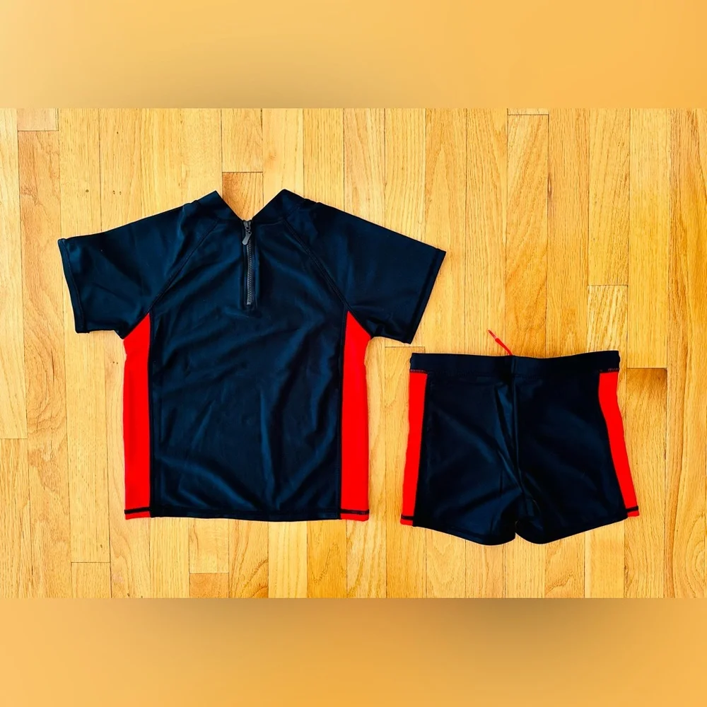 2 Pairs Boy Swim-Sets with Swim Trunks & Rash-guards in Black and Navy Blue NWOT